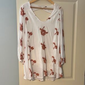 Free People Boho White Tunic with Rust Floral Embroidery